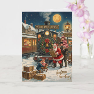 Cartão Trem do Polo Norte com Crianças e Papai Noel