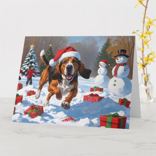 Cartão Tremendo Walker Coonhound Snow com Chapéu de Natal (Flor Amarela)