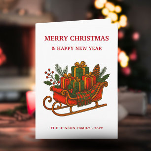 Cartão Trenó de Natal Antigo com Presentes de Férias