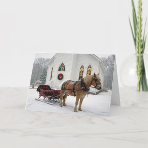 Cartão Trenó Puxado a Cavalo de Natal Esperando Perto de