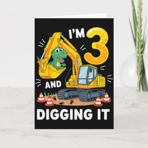 Cartão Três 3 anos 3º Aniversário Construção Dinossauro M