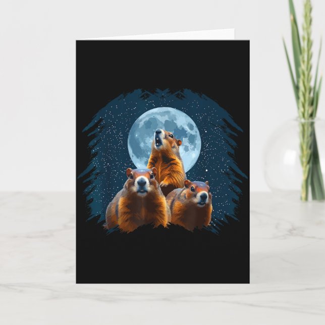 Cartão Três Cabeças de Marmota e Lua Feliz Dia da Marmota (Frente)