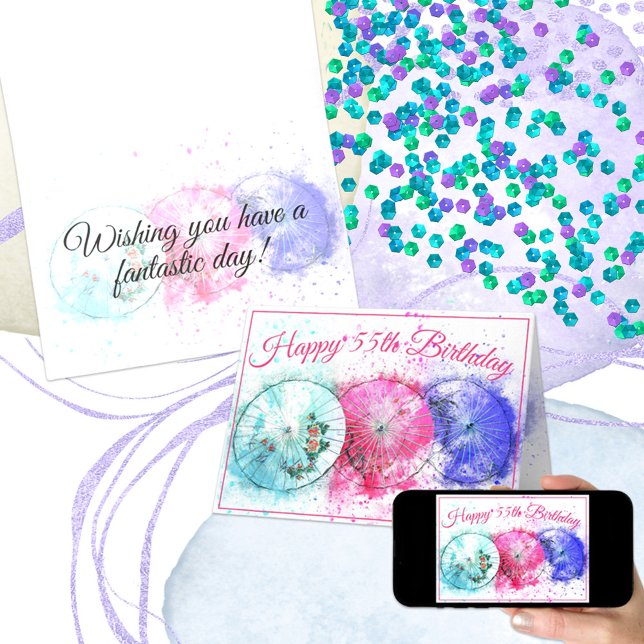 Cartão Três coquetéis tropicais Guarda-chuvas 55º anivers (Send a special greeting when you personalize the text on this card design for any occasion.)