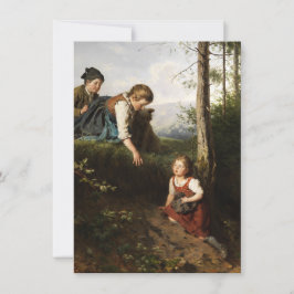 Cartão Três Crianças Escolhendo Cerejas Selvagens na Flor