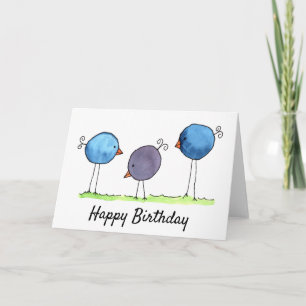 Cartão Três Pássaros Caprichosos de Aquarela Aniversário