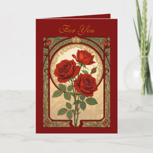 Cartão Três Rosas Vermelhas Profundas Estilo Art Nouveau