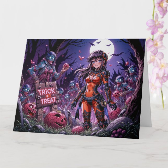 Cartão Trick ou Treine Zombies Halloween Entregando o Cér (Orquídea)