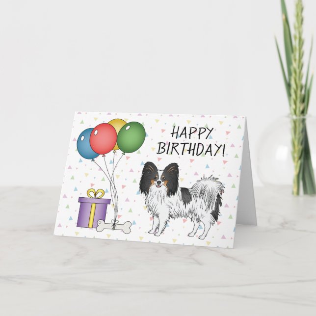 Cartão Tricolor Papillon Cartoon Dog Feliz Aniversário (Frente)