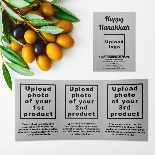 Cartão triplo de Cinza do Hanukkah (Hanukkah greeting, business brand and products on gray trifold card)
