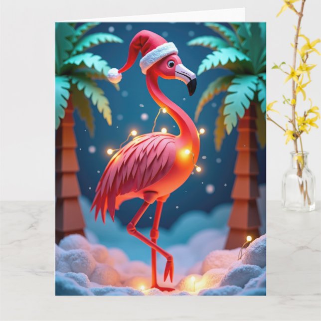 Cartão Tropical Flamingo com Luzes no Natal de Snowy (Flor Amarela)