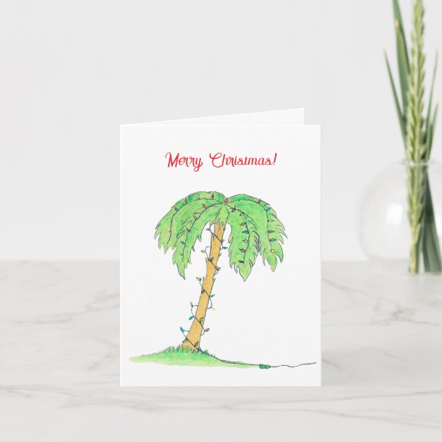 Cartão Tropical Palm Tree Merry Christmas Card w/ Lights! (Frente)