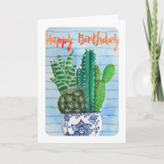 Cartão Tropical trendy verde & azul Cactus Aniversário