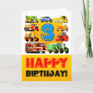 Cartão Trucks Feliz aniversário de 3 anos de Rapazes de C