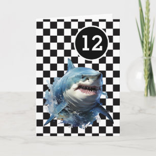 Cartão Tubarão Xadrez Branco e Preto Aniversário de 12 an