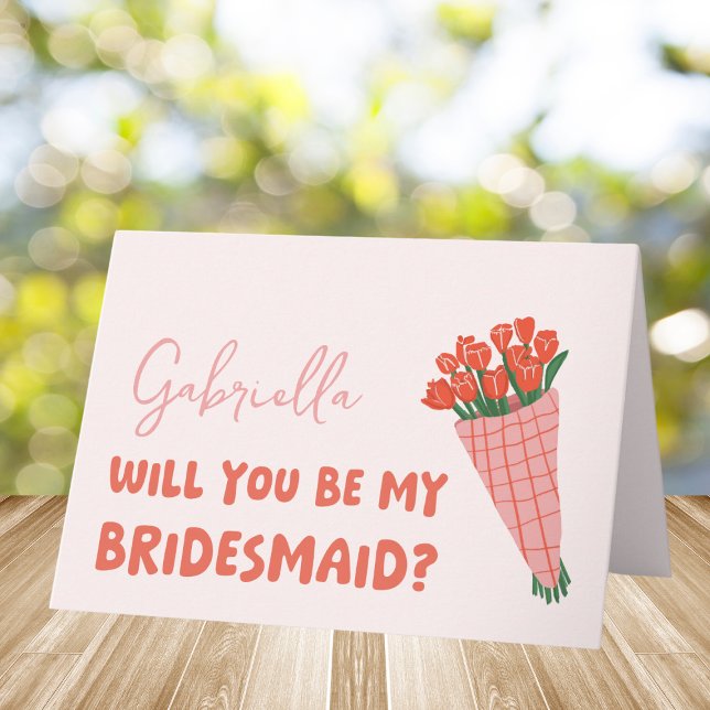 Cartão Tulipa Cor-De-Rosa Será A Minha Proposta Da Brides (Pop the question to your bridesmaid with this adorable card! A perfect blend of florals and charm.)