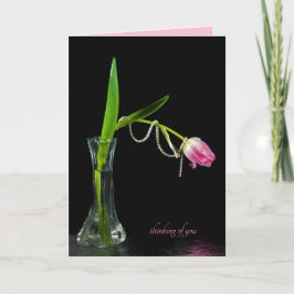 Cartão tulipa rosa com pérolas em vaso pensando em você