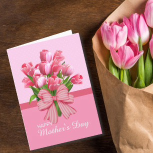 Cartão Tulipa Rosa Elegante Com Dia de as mães De Fita