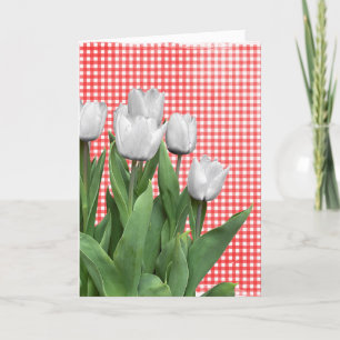 Cartão Tulipas brancas no aniversário de Gingham