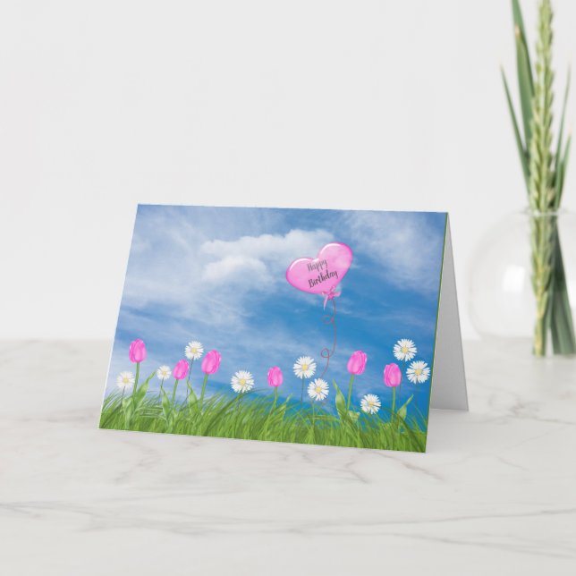 Cartão tulipas e margaridas no aniversário de grama (Frente)