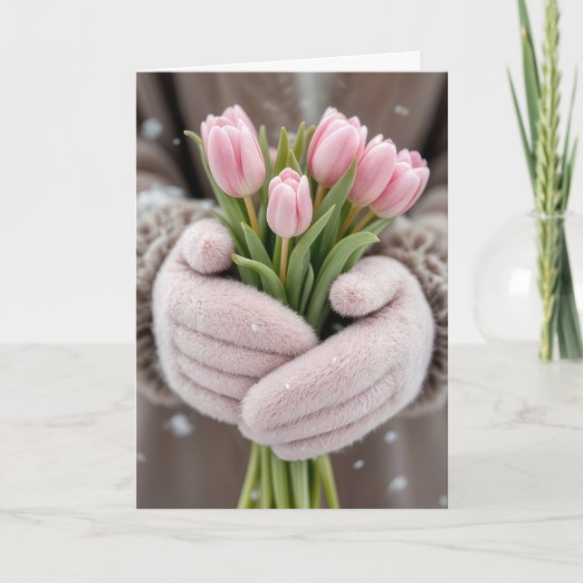 Cartão Tulipas Rosa de Aniversário Com Flocos de Neve (Frente)