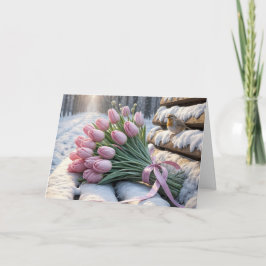 Cartão Tulipas Rosa de Aniversário em um Banco de Neve