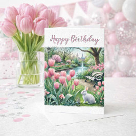 Cartão Tulipas Rosa no Parque Feliz Aniversário