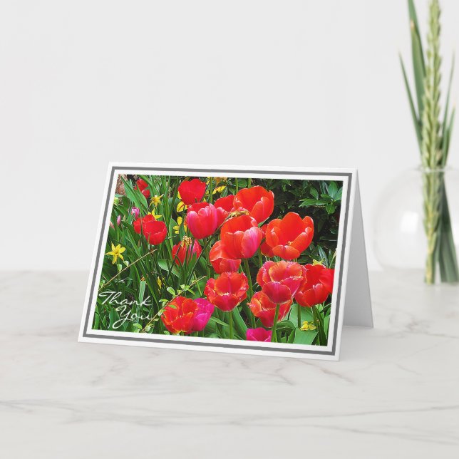 Cartão Tulipas Vermelhas Brilhantes Contra Folhagem Verde (Frente)