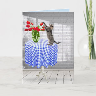 Cartão Tulipas Vermelhas de Gato e Aniversário no Cartã