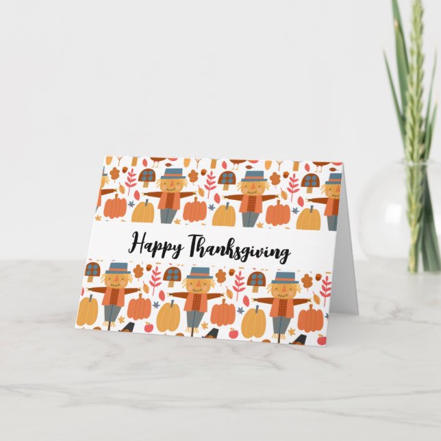 Cartão Turquia e Espantalho Padrão de Ação de Graças (Frente)