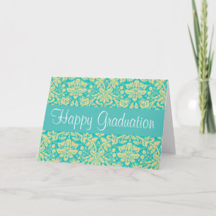 Cartão Turquoise Blue and Yellow Damask Graduation Card