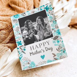 Cartão Turquoise Floral watercolor poem photo Mother day