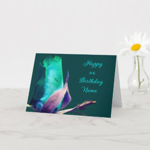 Cartão Turquoise Rosebud Flower Personalizada Aniversário