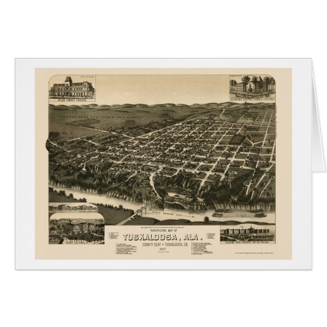 Cartão Tuscaloosa, mapa panorâmico do AL - 1887 (Frente Horizontal)