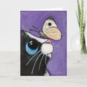 Cartão Tuxedo Cat and White Butterfly Painting