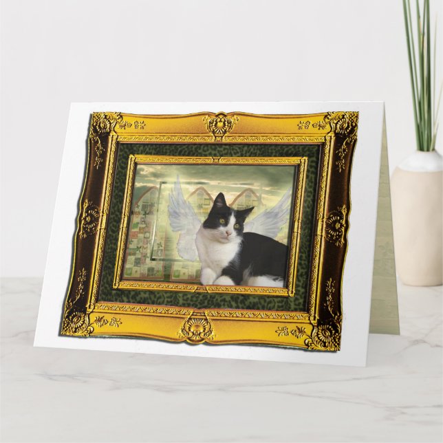 Cartão Tuxedo Cat Angel Pet gold frame (Frente)