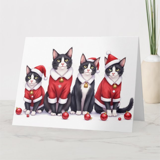 Cartão Tuxedo Cat Christmas Dress Santa Hat (Frente)