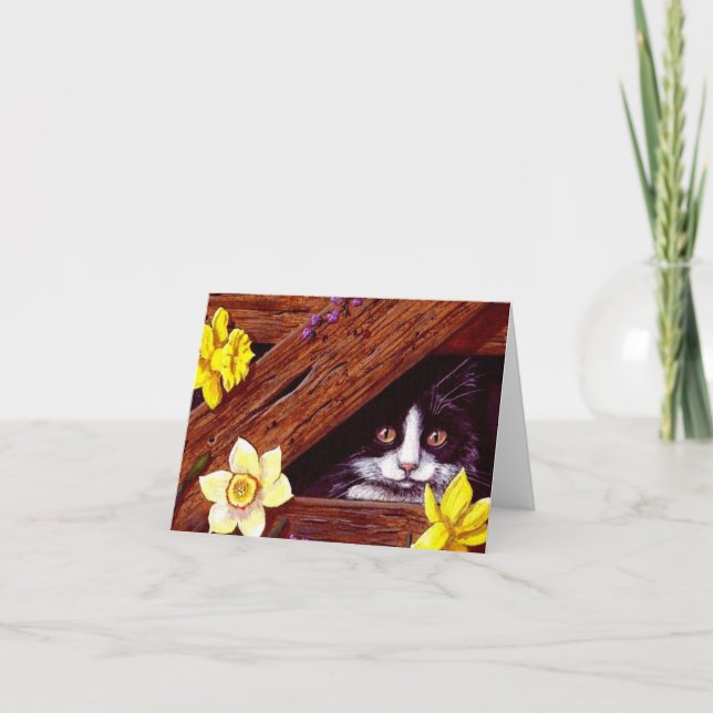 Cartão Tuxedo Cat Daffodils Art Creationarts (Frente)