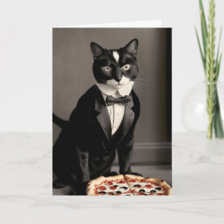 Cartão Tuxedo cat e pizza