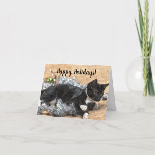 Cartão Tuxedo Kitten Tinsel and Lights Holiday Card