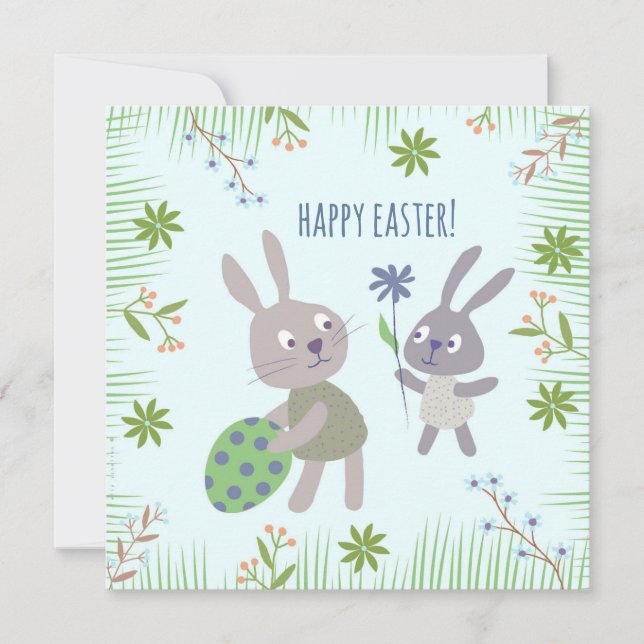 Cartão Twee paashaasjes met ei en bloem. (Frente)