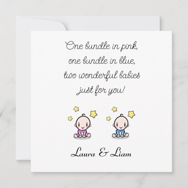Cartão Twin Baby Parabéns Com Nomes, Rapariga E Menino, (Frente)