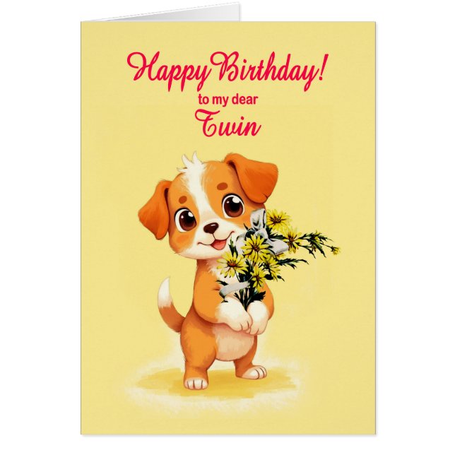 Cartão Twin Birthday Puppy e Flores (Frente)