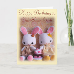 Cartão Twin Bunnies with Cake Happy Birthday Card