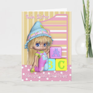 Cartão Twin Sister 1st Birthday Card With Cute Girl