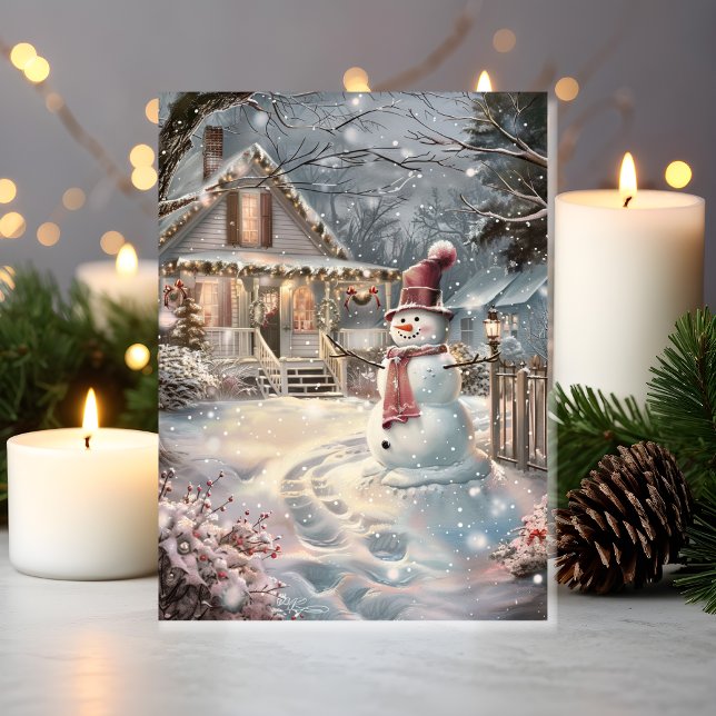 Cartão Twinkling Cozy Christmas Cottage with Snowman (Snowman Smiles & Cozy Vibes in Front of a Holiday-Ready Home)