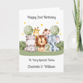Cartão Twins 2nd Birthday Safari Leaf Animals Card