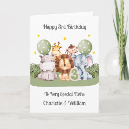 Cartão Twins 3rd Birthday Safari Leaf Animals Card