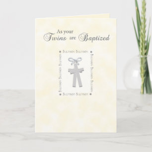 Cartão Twins Baptism Card on Yellow with 2 Crosses