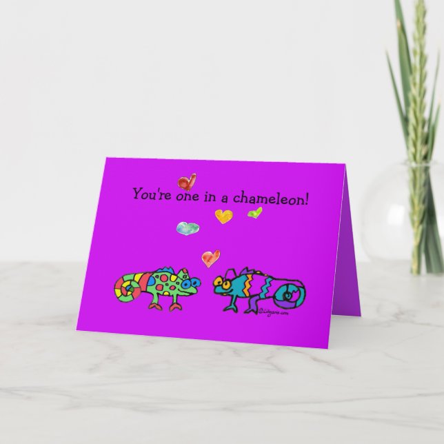 Cartão Two Cartoon Chameleon Purple Fushia Valentine Card (Frente)