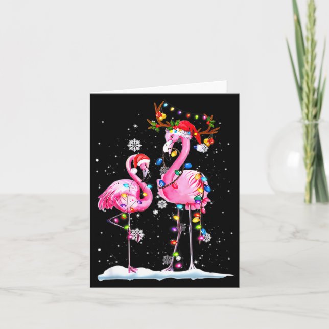 Cartão Two Flamingo With Santa Hat And Lights Merry Chris (Frente)